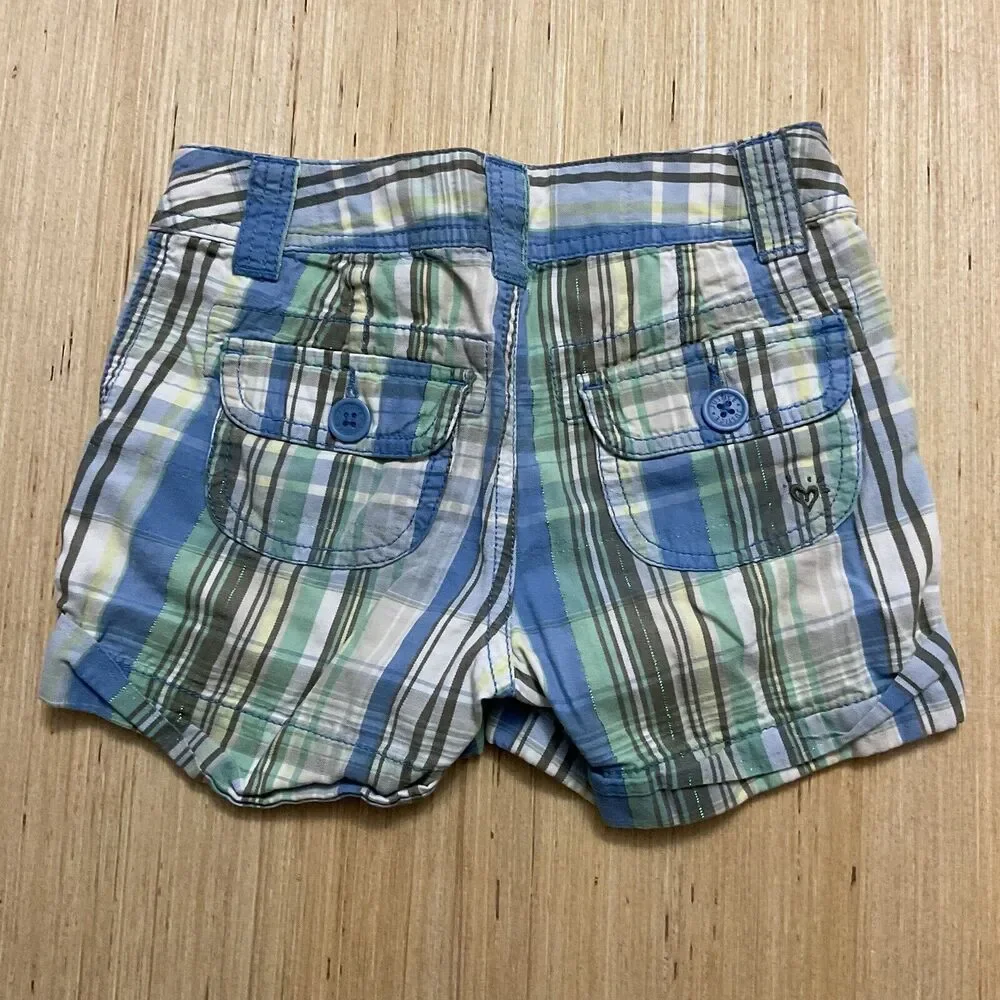 Justice Girls Shorts Size 8 Slim Roll Up Olive /Light Blue / White Plaid Sparkle